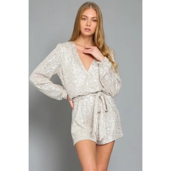Silver Metallic Sparkling Sequin Long Sleeve Holiday Cocktail Party Romper - Picture 1 of 4